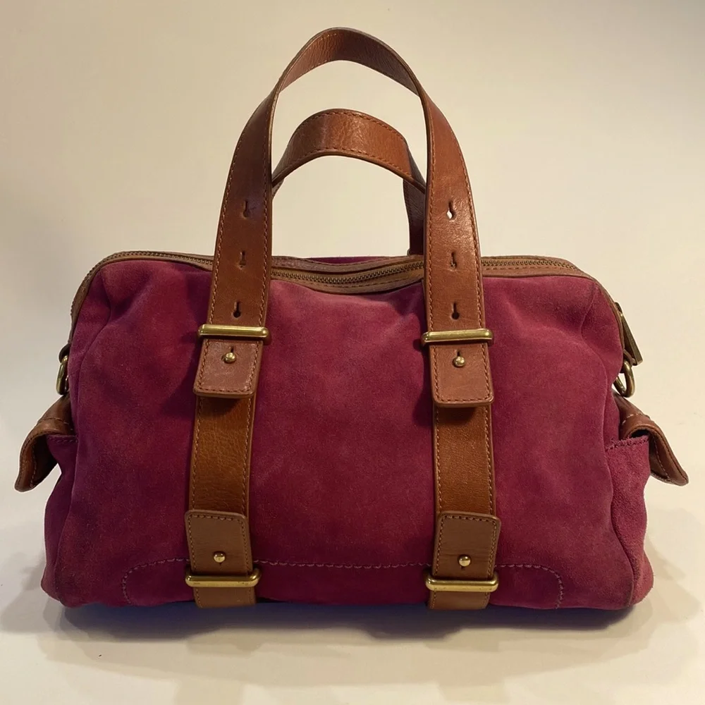 FOSSIL Maddox Brown Leather with Purple Suede Satchel - Picture 2 of 11